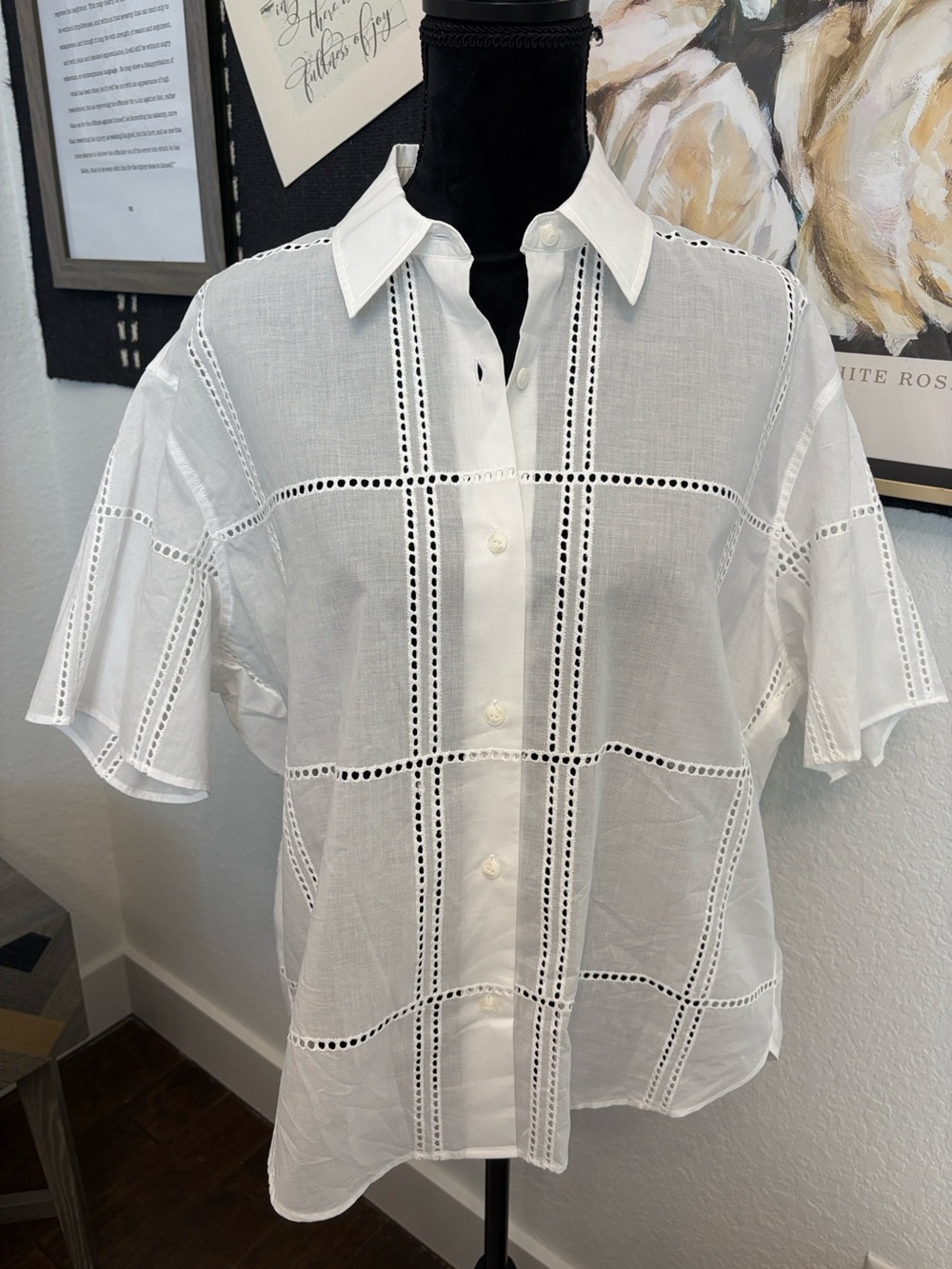 rag & bone White Short-Sleeve Eyelet Grid Button-Down Shirt